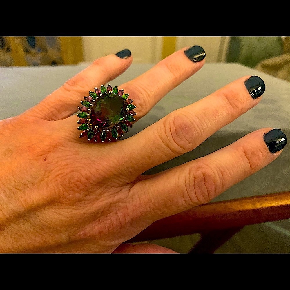 GENUINE WATERMELON QUARTZ 🍉GORGEOUS STATEMENT RING!! 
PLATINUM over 925 SILVER - Picture 3 of 7